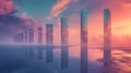 Surreal Sunset Monoliths Reflected on Water