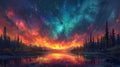 Surreal sunset with northern lights over a forest lake Royalty Free Stock Photo