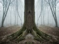 Surreal symmetrical tree in a forest with fog and frost Royalty Free Stock Photo