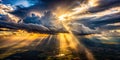 A Surreal Symphony of Light and Shadow Aerial Perspective of Sunlight Piercing Dark Clouds Capturing a Dramatic Royalty Free Stock Photo