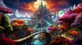 A surreal technicolor dreamscape featuring floating islands, rainbow bridges, and levitating objects by AI generated