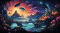 A surreal technicolor dreamscape with floating whales, upside-down mountains, and gravity-defying landscapes by AI generated