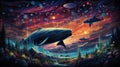 A surreal technicolor dreamscape with flying whales, upside-down mountains landscapes world by AI generated