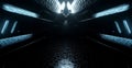 Surreal Technology Metal Stage Room Warehouse Showroom Dimmed Blue Background Futuristic Architechture 3D Rendering