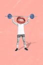 Surreal template magazine collage of strange sporty person doing weight lifting barbell with blueberry ripe