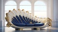 Surreal Theatrics: Blue And Gold Shell Sofa With Coastal Views