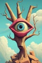 Surreal Tree with Eye in Dreamlike Landscape Featuring Unique Artistic Vision Royalty Free Stock Photo