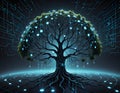 A surreal tree made of intertwined glowing data cables and fractal patterns of light and shapes, symbolizing algorithms Royalty Free Stock Photo