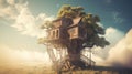 Surreal treehouse with the cloudy sunset sky
