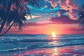 Surreal Tropical Beach Sunset with Palm Trees Royalty Free Stock Photo