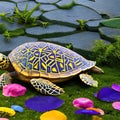 A surreal turtle with a shell adorned with intricate mosaic patterns, carrying a miniature garden on its back5, Generative AI Royalty Free Stock Photo