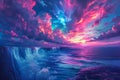 Surreal Twilight Skies over Ocean Waves with Vivid Pink and Blue Cloudscape Fantasy Seascape Digital Art