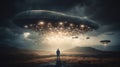 Surreal UFO with bright lights hovering above the person in the dark field. Generative AI