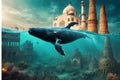 Surreal undersea humpback whale swimming in the ocean or sea. In the background is the ancient ruins of the Taj Mahal. Mysterious