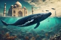 Surreal undersea humpback whale swimming in the ocean or sea. In the background is the ancient ruins of the Taj Mahal. Mysterious