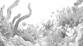 Surreal underwater grayscale artwork captures intricate coral and sea life, teeming with bubbles and flow