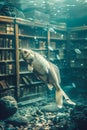 Surreal Underwater Library Scene with Fish Swimming Among Bookshelves, Fantasy Aquatic Environment
