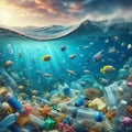 Surreal underwater scene depicting the environmental impact of plastic pollution on marine life.