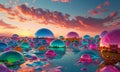 surreal underwater scene features multitude colorful, spherical objects floating amidst vibrant blue-green Royalty Free Stock Photo