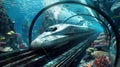 Surreal underwater scene high tech bullet train in crystal tunnel amid vibrant marine life