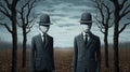 Surreal And Unsettling: Two Men In Black Hats In A Haunting Figurative Art