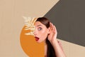 Surreal unusual collage banner of impressed girls hold hands near ear listen unbelievable rumors over pastel brown yello Royalty Free Stock Photo