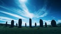 Surreal Upright Stone Circle Silhouette In Tilt-shift Style