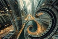 Surreal urban dreamscape: skyscrapers blend with rivers, streets twist into loops, and buildings defy gravity.