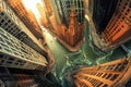 Surreal urban dreamscape: skyscrapers blend with rivers, streets twist into loops, and buildings defy gravity.