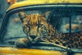 Surreal Urban Jungle Concept with Leopard Sitting Inside Yellow Cab on Rainy Day