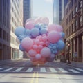 Surreal Urban Landscape with Floating Balloon Cluster