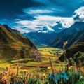 Surreal and vibrant image of the enchanting Sacred Valley and the majestic mountains surrounding Cusco