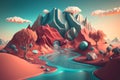 Surreal vibrant landscape with alien-like otherworldly terrain with mountains and hills