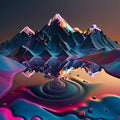 Surreal vibrant landscape with alien-like otherworldly terrain with mountains and hills