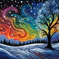 Surreal Vibrant Landscape with Dancing Snowflakes