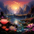Surreal and Vibrant Landscape with Enchanting Blooming Flower