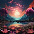 Surreal and Vibrant Landscape with Enchanting Blooming Flower