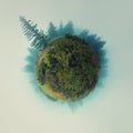 Surreal view, foggy dwarf planet, evergreen forests, mystery globe with growing wild pine and fir trees surrounded by the dense