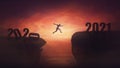 Surreal view, man jumping over a chasm obstacle between old 2020 and new 2021 years. Self overcome, starting a new life. Way to Royalty Free Stock Photo