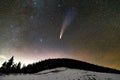 Surreal view of night in mountains with starry dark blue cloudy sky and C/2020 F3 NEOWISE comet with light tail