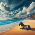 Surreal view of a zebra sitting on an empty beach Royalty Free Stock Photo