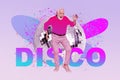 Surreal vintage trend collage of man pensioner dancing against huge glitter disco ball advertise disco party poster