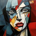 Vivid illustration of a female face with geometric abstraction. AI generation