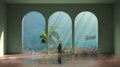 Surreal visionary aquarium with a big green fish which escapes from the cage while a young woman watches the scene, freedom