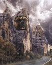 Surreal visionary image, french bouledogue face set in stone, rocky mountain, asphalt road