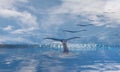 Surreal visionary view of a wale tale with a big wave in the background, seagulls flying in cloudy sky, blue rough sea Royalty Free Stock Photo