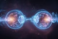 Surreal visualization of quantum entanglement, with two mirrored energy spheres connected by glowing strings. By generative Ai Royalty Free Stock Photo