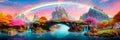 surreal watercolor-like bridge composed of vibrant rainbows that connect two fantastical worlds.