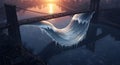 A surreal wave of ice flows under a bridge in a city at sunset, creating a breathtaking and dramatic landscape Royalty Free Stock Photo