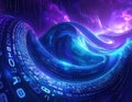 Wavy Digital Landscape of Binary Code and Electric Blue Purple Light abstract background Royalty Free Stock Photo